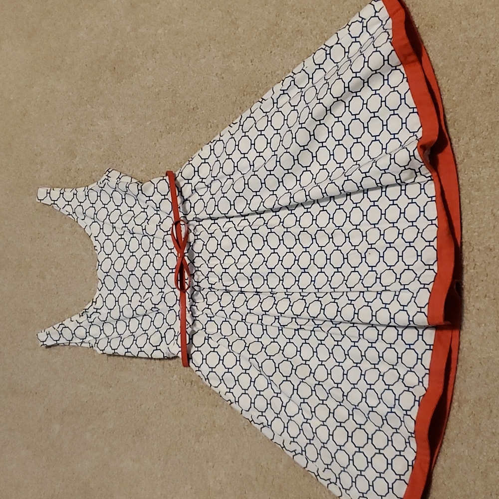 Cocktail dress with blue pattern and watermelon trim, size small